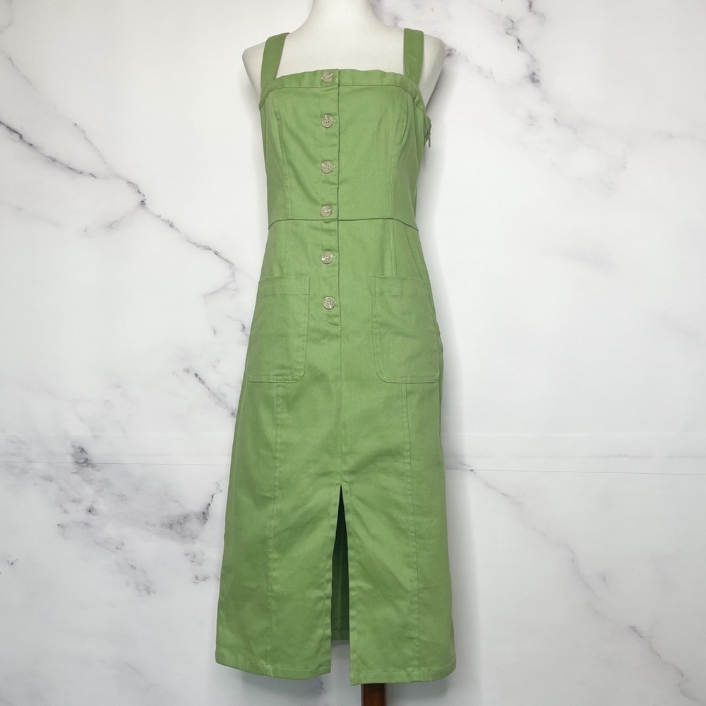 L’Academie Button Down Sleeveless Fitted Green Midi Dress